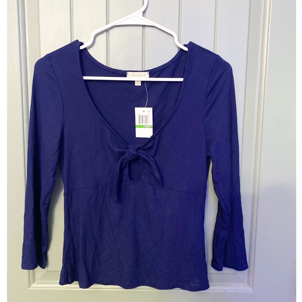Ultra Flirt Juniors Navy Ribbed Cut Out Tie Front 3/4 Sleeve Top L NWT